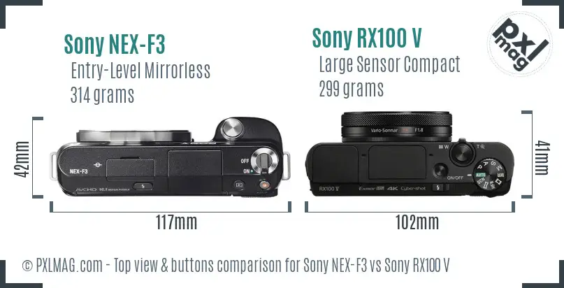 Sony NEX-F3 vs Sony RX100 V top view buttons comparison