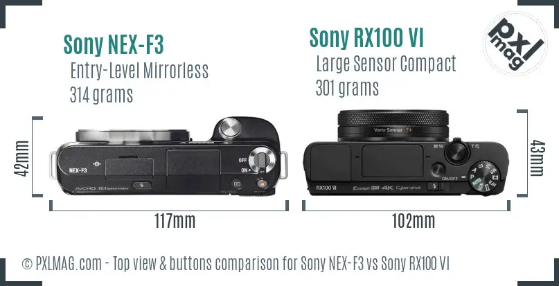 Sony NEX-F3 vs Sony RX100 VI top view buttons comparison