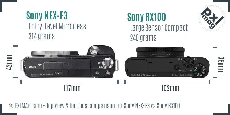 Sony NEX-F3 vs Sony RX100 top view buttons comparison
