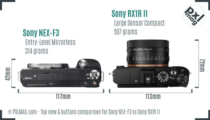 Sony NEX-F3 vs Sony RX1R II top view buttons comparison