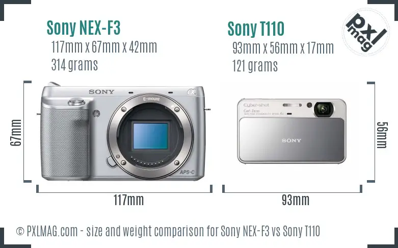 Sony NEX-F3 vs Sony T110 size comparison