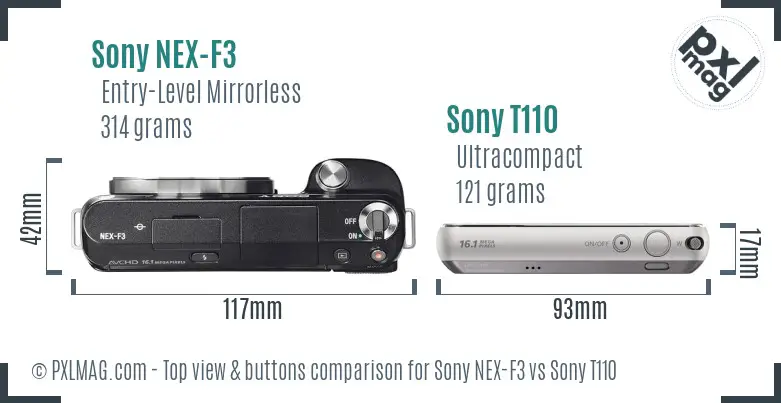 Sony NEX-F3 vs Sony T110 top view buttons comparison