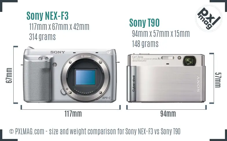 Sony NEX-F3 vs Sony T90 size comparison
