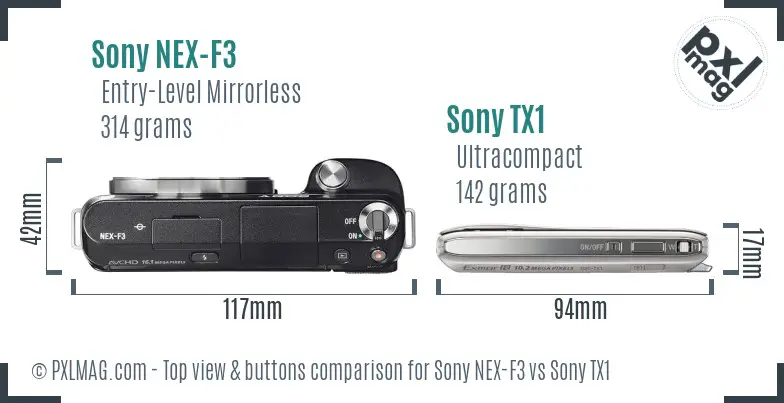Sony NEX-F3 vs Sony TX1 top view buttons comparison