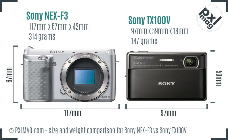 Sony NEX-F3 vs Sony TX100V size comparison