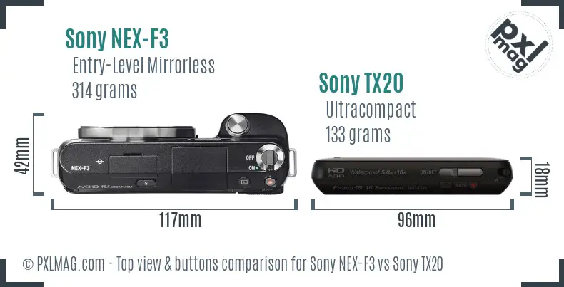 Sony NEX-F3 vs Sony TX20 top view buttons comparison