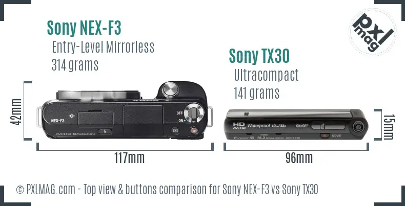 Sony NEX-F3 vs Sony TX30 top view buttons comparison
