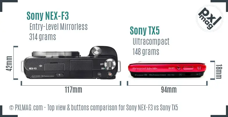 Sony NEX-F3 vs Sony TX5 top view buttons comparison