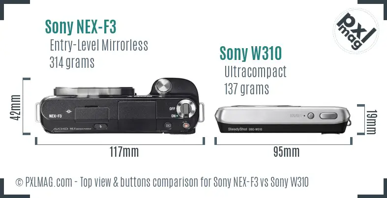 Sony NEX-F3 vs Sony W310 top view buttons comparison