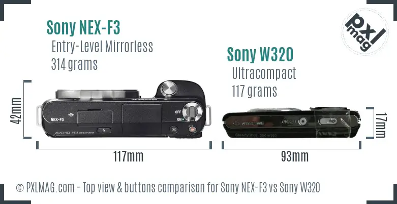 Sony NEX-F3 vs Sony W320 top view buttons comparison