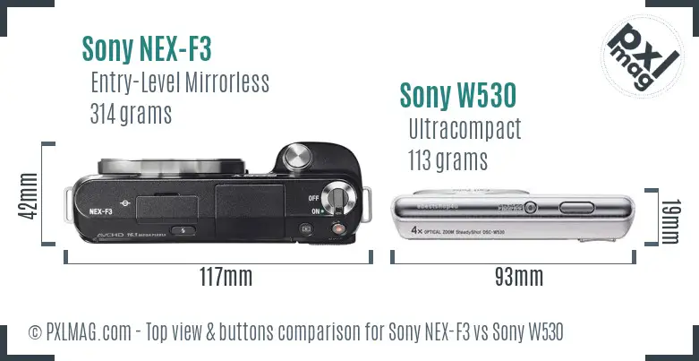 Sony NEX-F3 vs Sony W530 top view buttons comparison
