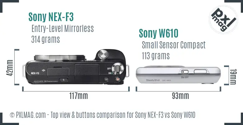 Sony NEX-F3 vs Sony W610 top view buttons comparison