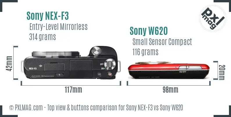 Sony NEX-F3 vs Sony W620 top view buttons comparison