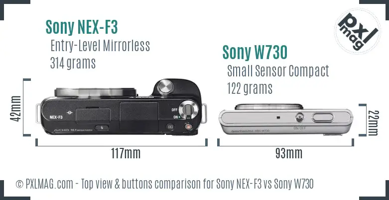 Sony NEX-F3 vs Sony W730 top view buttons comparison