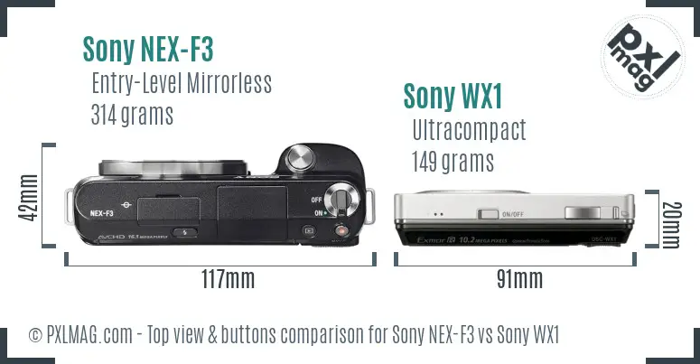 Sony NEX-F3 vs Sony WX1 top view buttons comparison