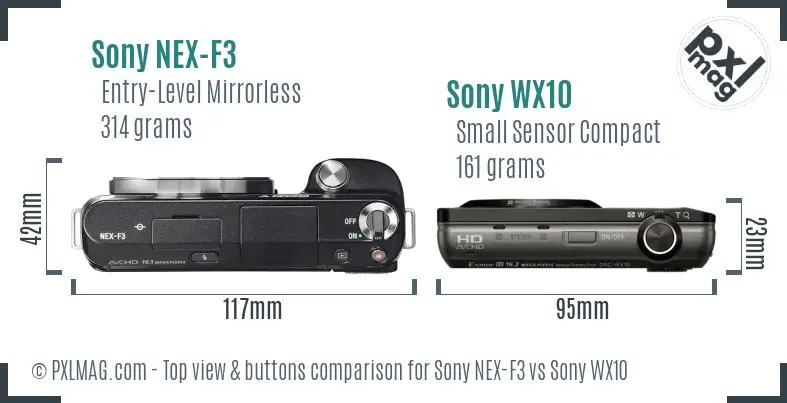 Sony NEX-F3 vs Sony WX10 top view buttons comparison