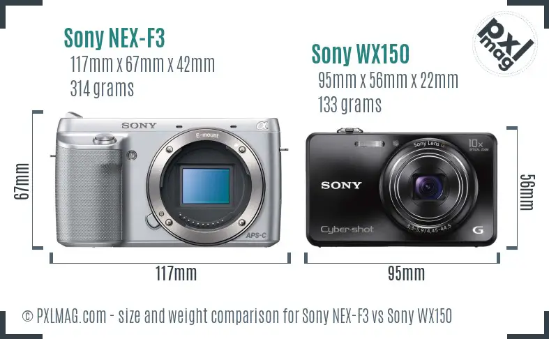 Sony NEX-F3 vs Sony WX150 size comparison