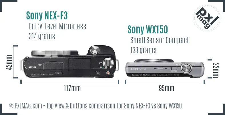 Sony NEX-F3 vs Sony WX150 top view buttons comparison