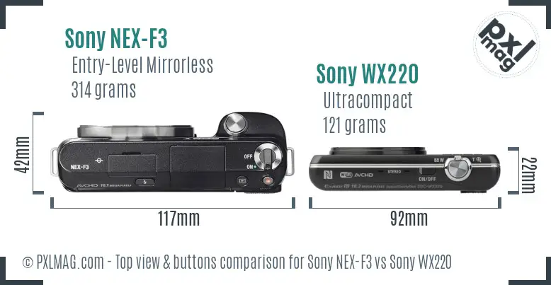 Sony NEX-F3 vs Sony WX220 top view buttons comparison
