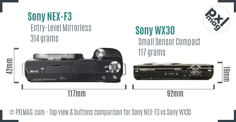 Sony NEX-F3 vs Sony WX30 top view buttons comparison