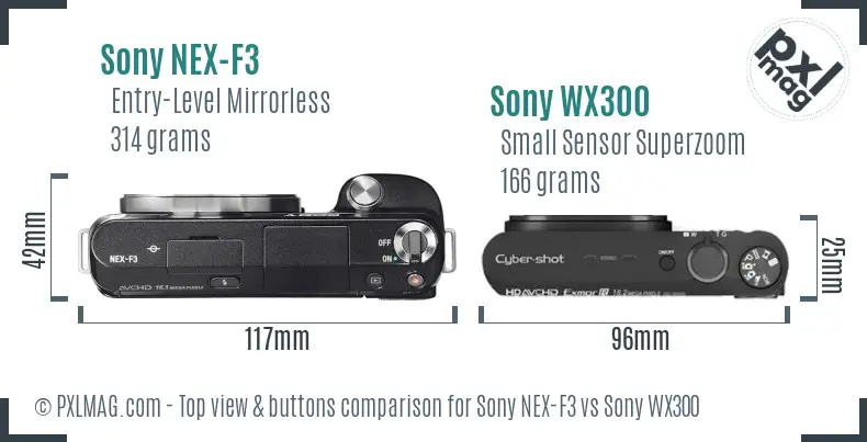 Sony NEX-F3 vs Sony WX300 top view buttons comparison