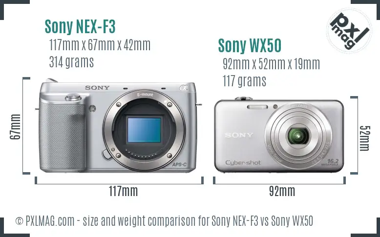 Sony NEX-F3 vs Sony WX50 size comparison