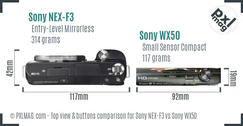 Sony NEX-F3 vs Sony WX50 top view buttons comparison