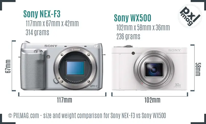 Sony NEX-F3 vs Sony WX500 size comparison