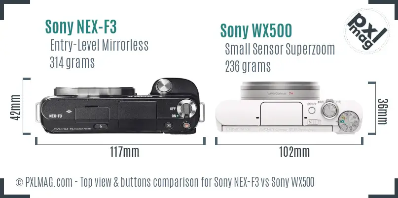 Sony NEX-F3 vs Sony WX500 top view buttons comparison
