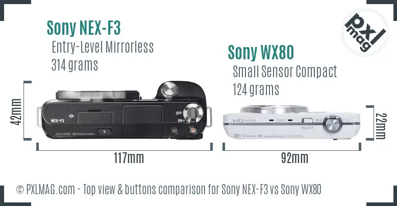 Sony NEX-F3 vs Sony WX80 top view buttons comparison