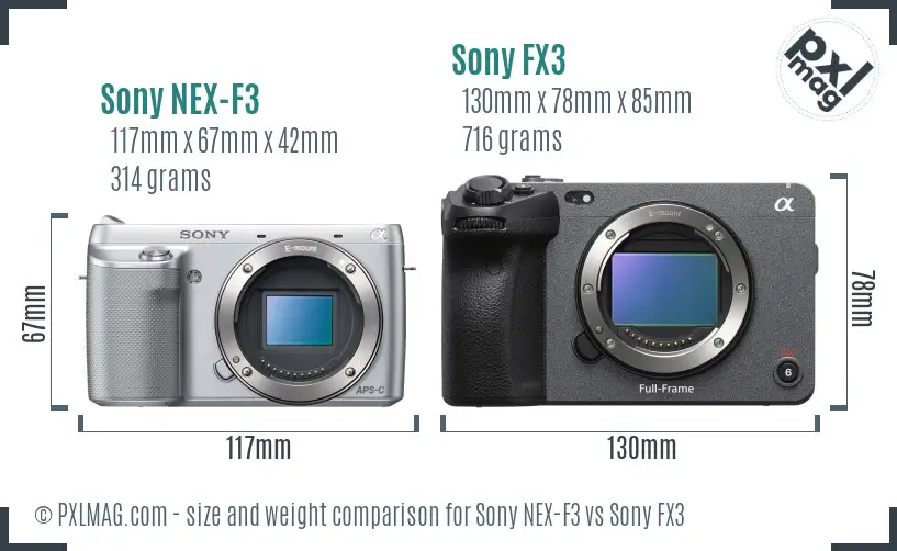 Sony NEX-F3 vs Sony FX3 size comparison