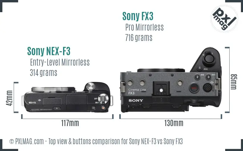 Sony NEX-F3 vs Sony FX3 top view buttons comparison