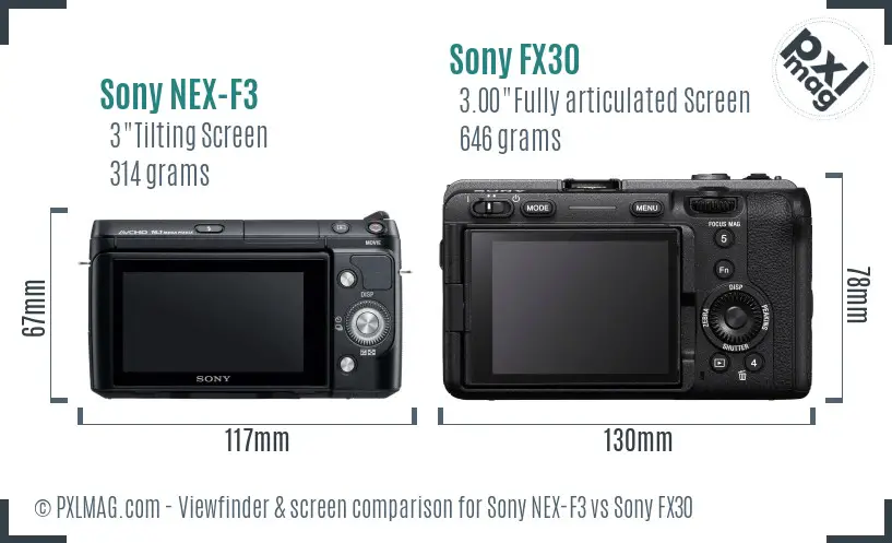 Sony NEX-F3 vs Sony FX30 Screen and Viewfinder comparison