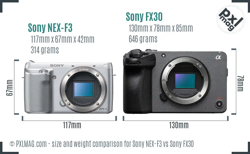 Sony NEX-F3 vs Sony FX30 size comparison