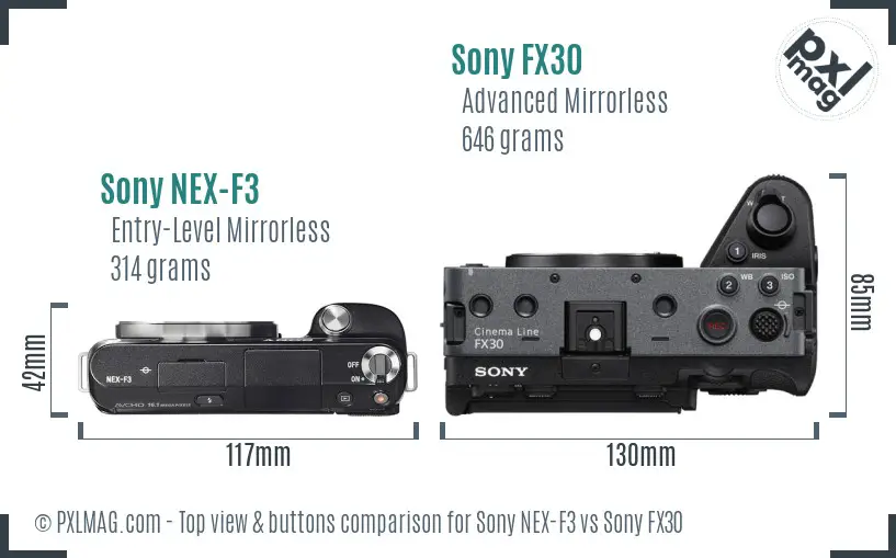 Sony NEX-F3 vs Sony FX30 top view buttons comparison