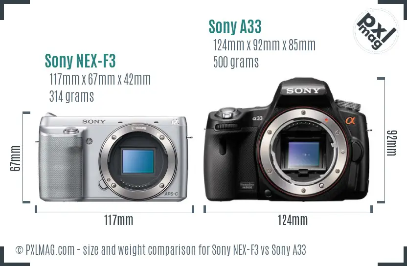 Sony NEX-F3 vs Sony A33 size comparison