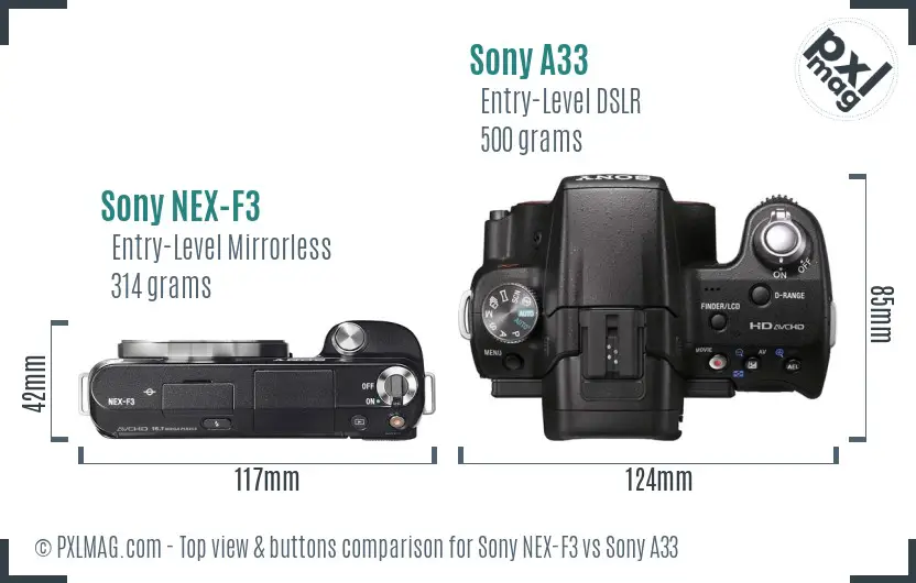 Sony NEX-F3 vs Sony A33 top view buttons comparison