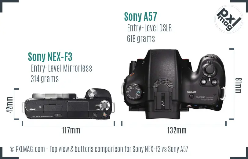 Sony NEX-F3 vs Sony A57 top view buttons comparison