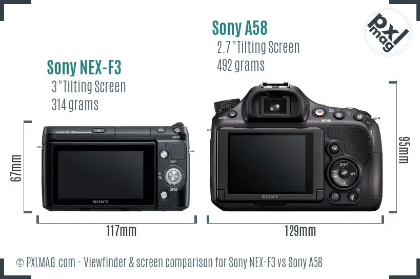 Sony NEX-F3 vs Sony A58 Screen and Viewfinder comparison