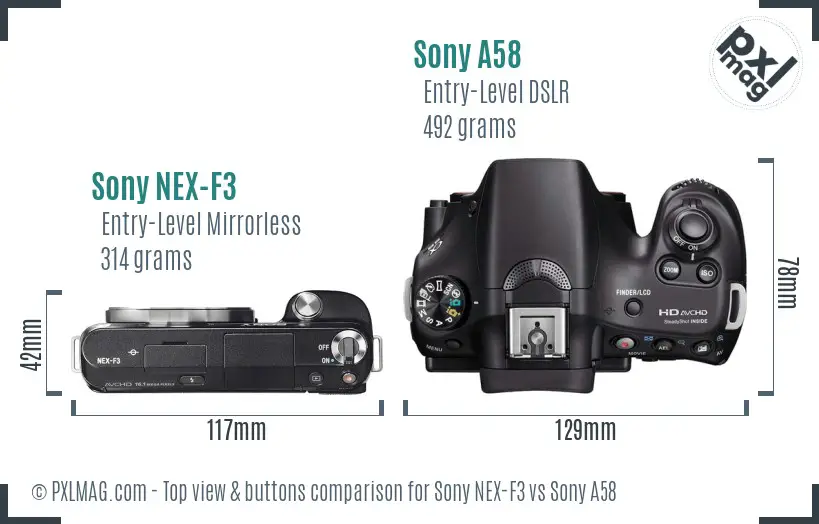 Sony NEX-F3 vs Sony A58 top view buttons comparison