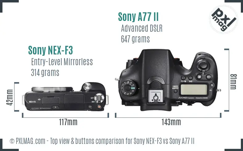 Sony NEX-F3 vs Sony A77 II top view buttons comparison