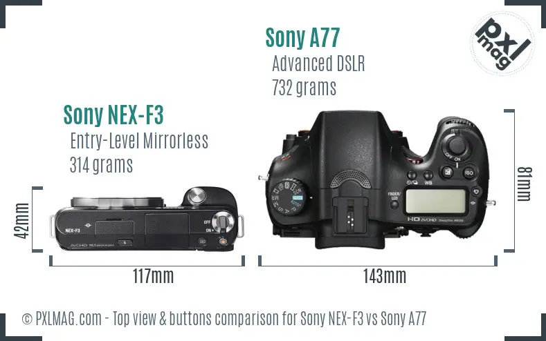 Sony NEX-F3 vs Sony A77 top view buttons comparison