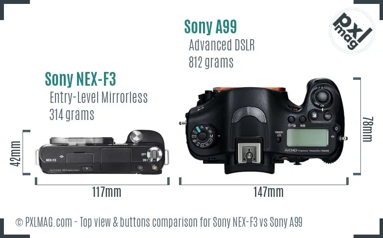 Sony NEX-F3 vs Sony A99 top view buttons comparison