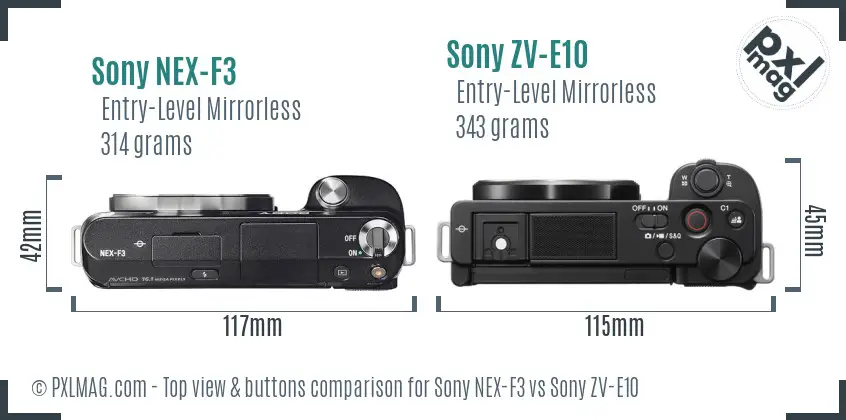 Sony NEX-F3 vs Sony ZV-E10 top view buttons comparison