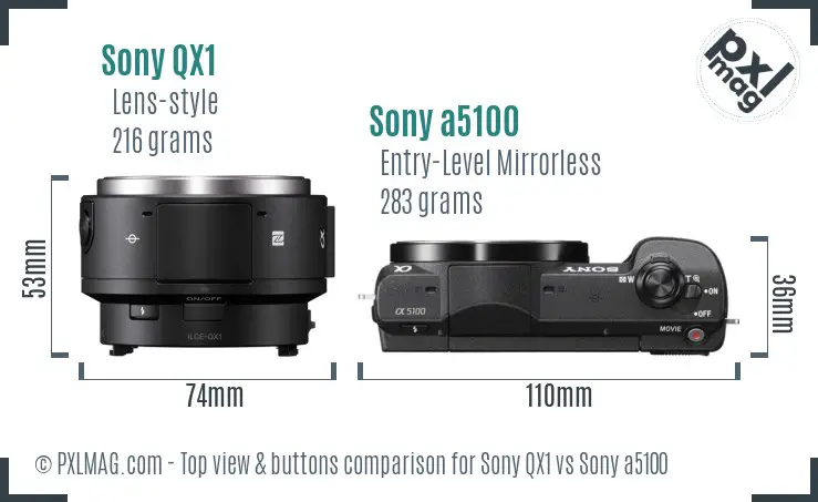 Sony QX1 vs Sony a5100 top view buttons comparison
