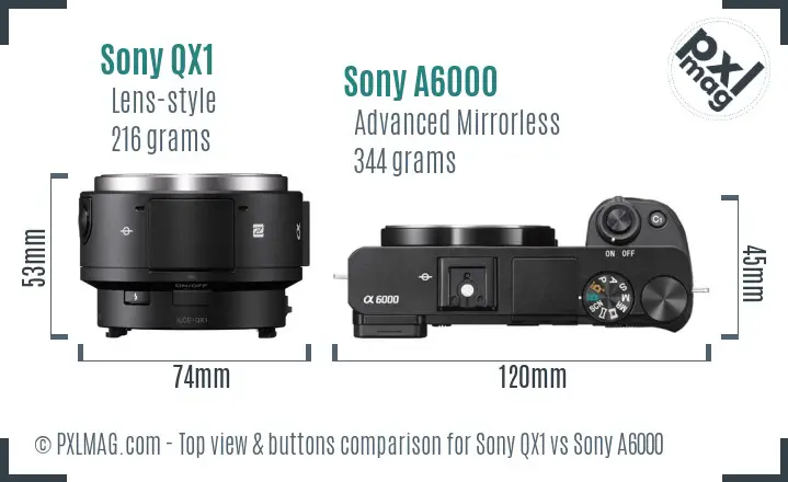 Sony QX1 vs Sony A6000 top view buttons comparison Sony QX1 vs Sony A6000 top view buttons comparison