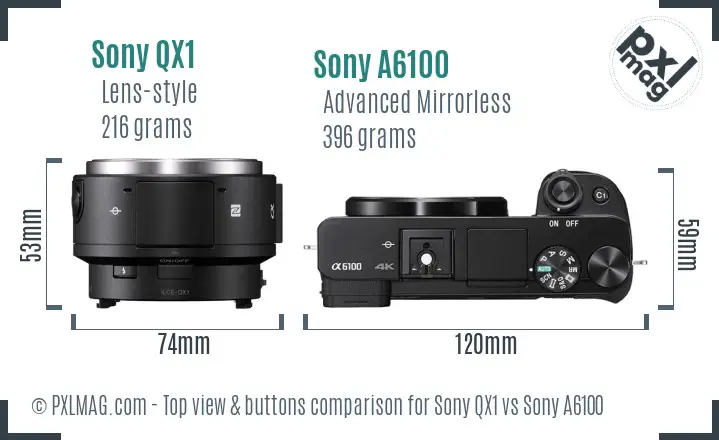 Sony QX1 vs Sony A6100 top view buttons comparison