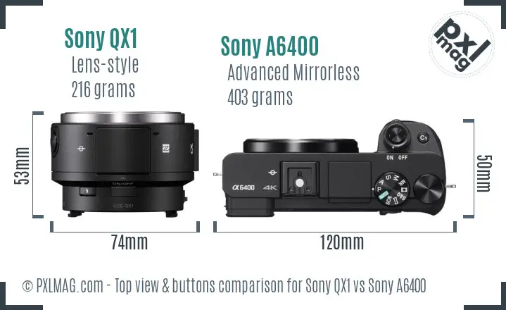 Sony QX1 vs Sony A6400 top view buttons comparison