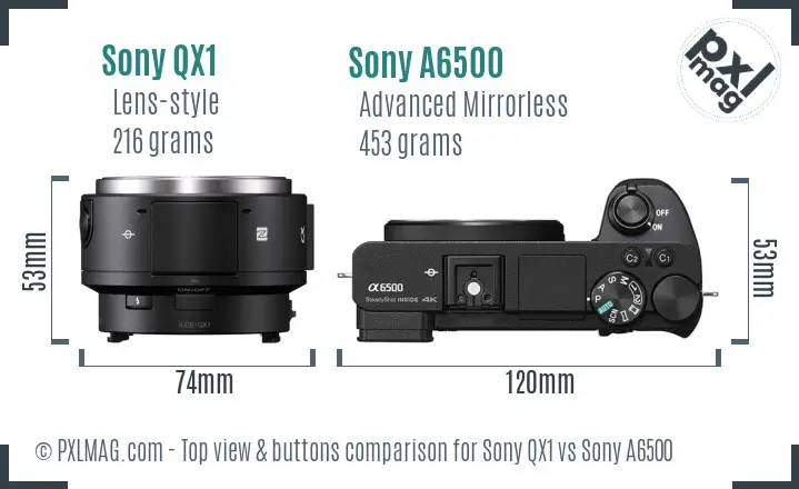 Sony QX1 vs Sony A6500 top view buttons comparison