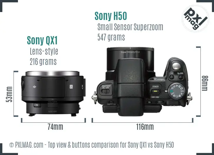 Sony QX1 vs Sony H50 top view buttons comparison